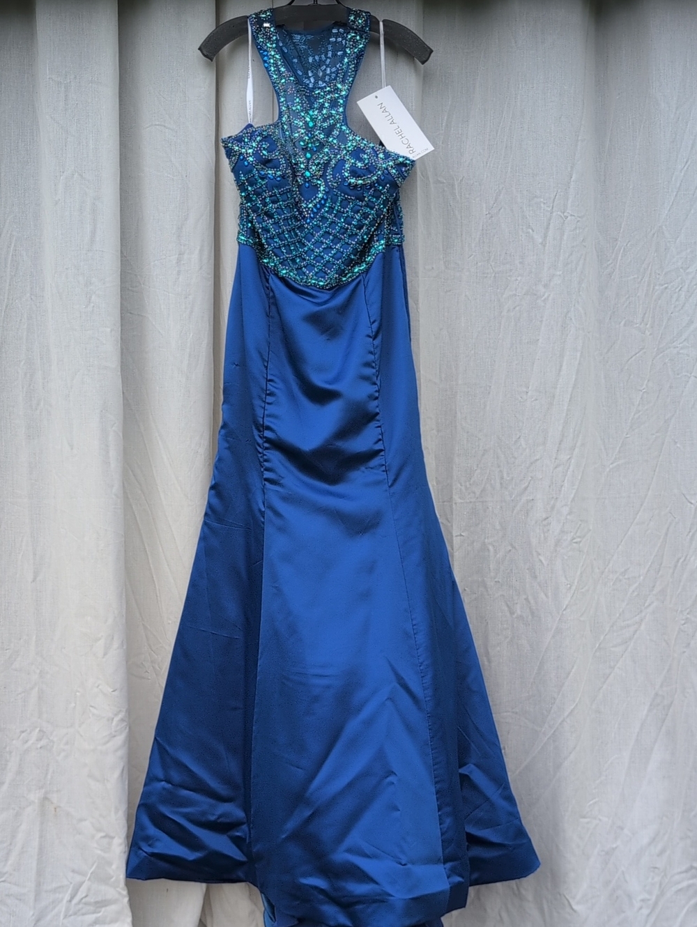 NWT - Size 14W - Rachel Allan Royal Blue Beaded Halter Prom Gown